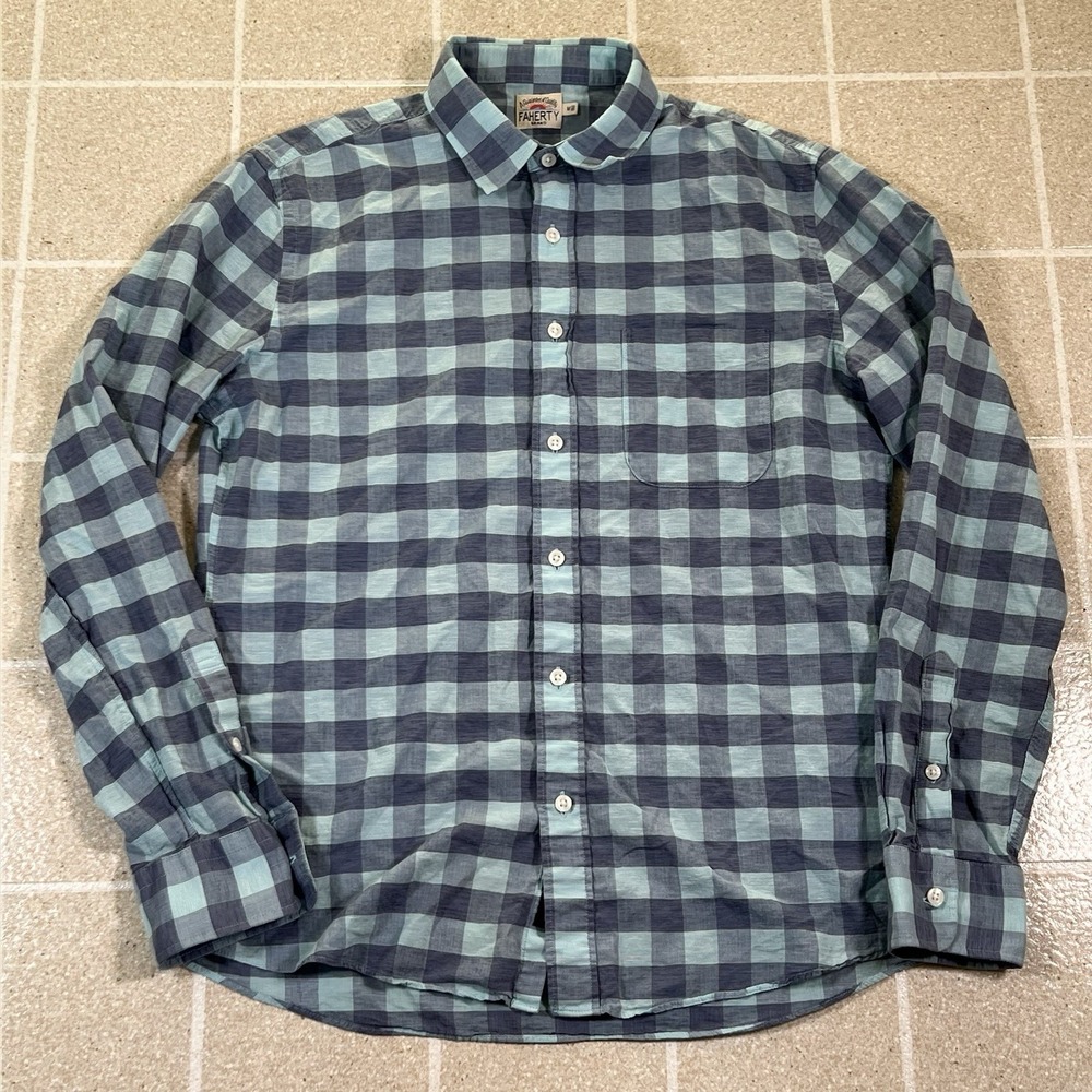 Faherty Shirt Mens M Blue Movement Button Down Plaid Outdoors Stretch
